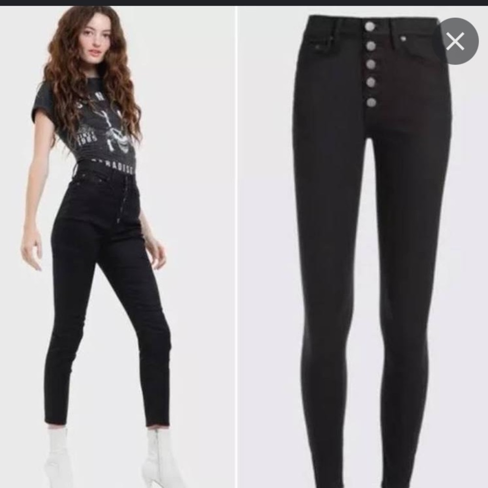 ALICE OLIVIA BLACK HIGH WAIST BUTTON FRONT JEANS SIZE 32 COATED DENIMS